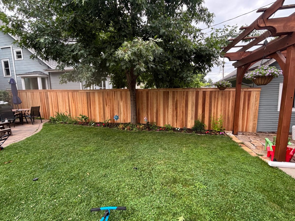 Cedar privacy fence enclosing backyard with green lawn and shade tree